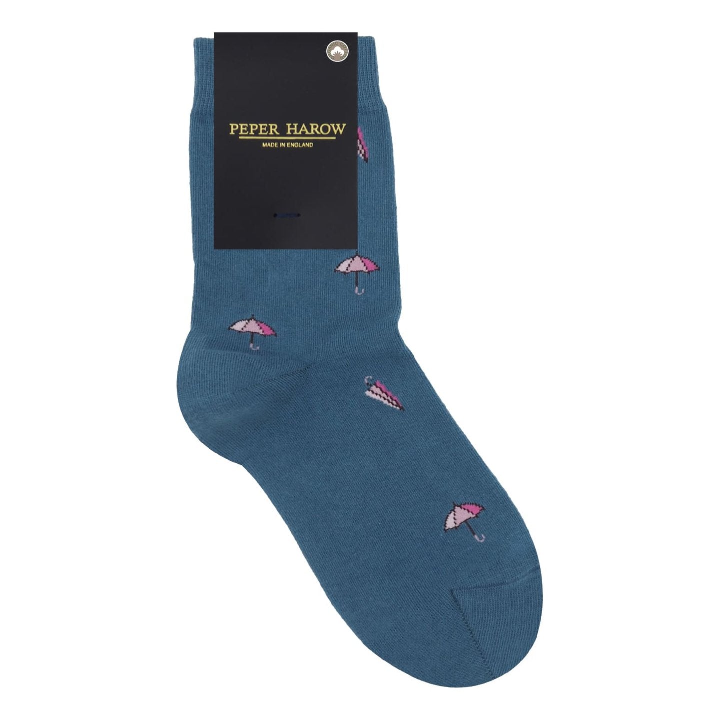 Blue sock with pink and white umbrella design on a white background