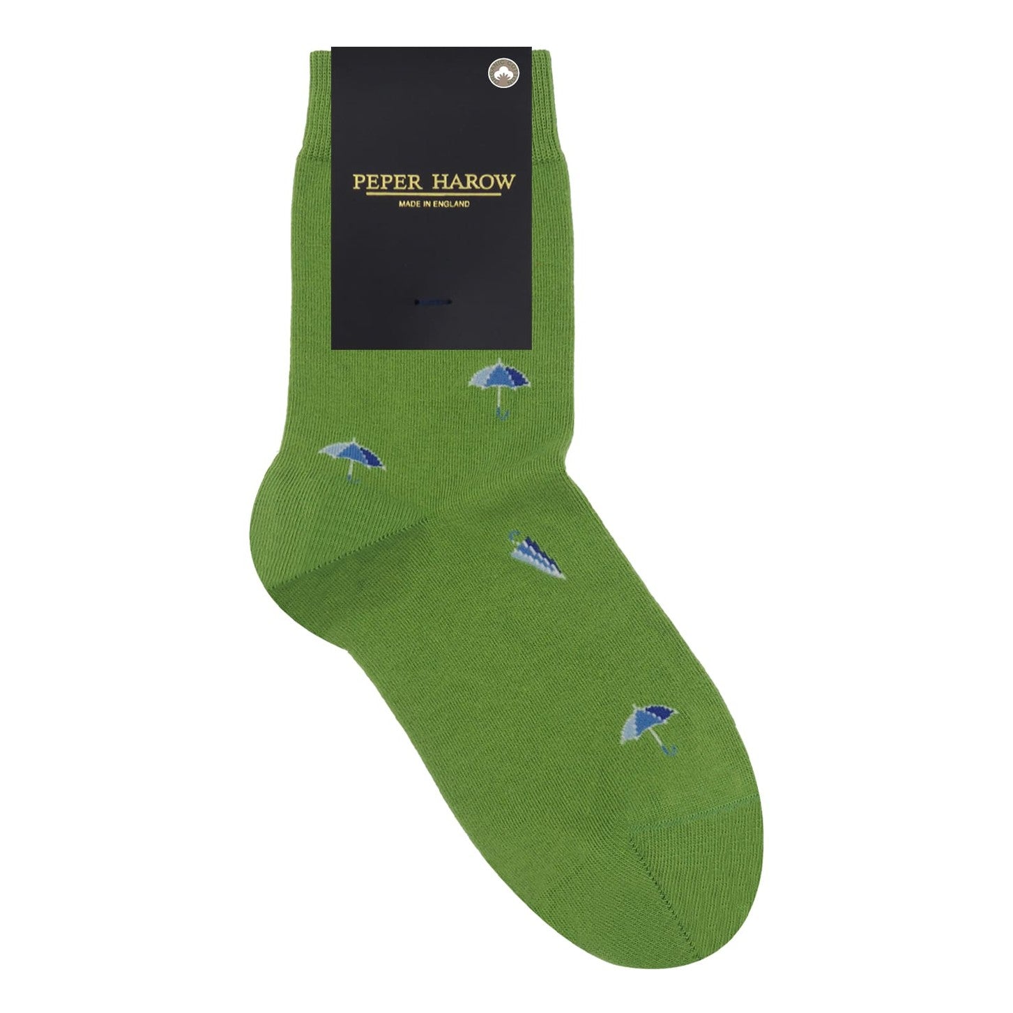Green sock with umbrella design on a white background, featuring Peper Harow branding.
