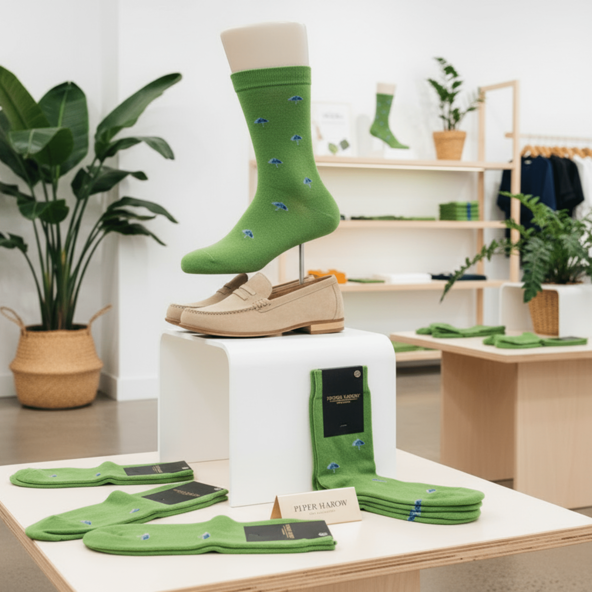 Green socks with brown loafers on a white pedestal in a store setting with plants and clothing racks.