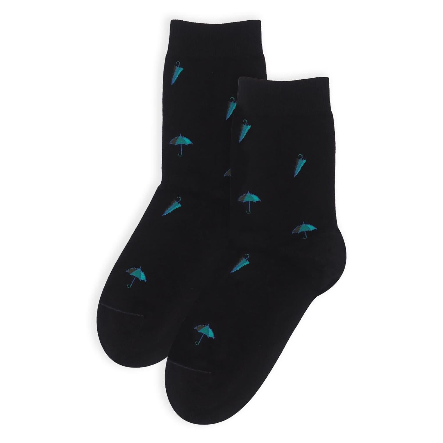 Black socks with blue umbrella pattern on a white background
