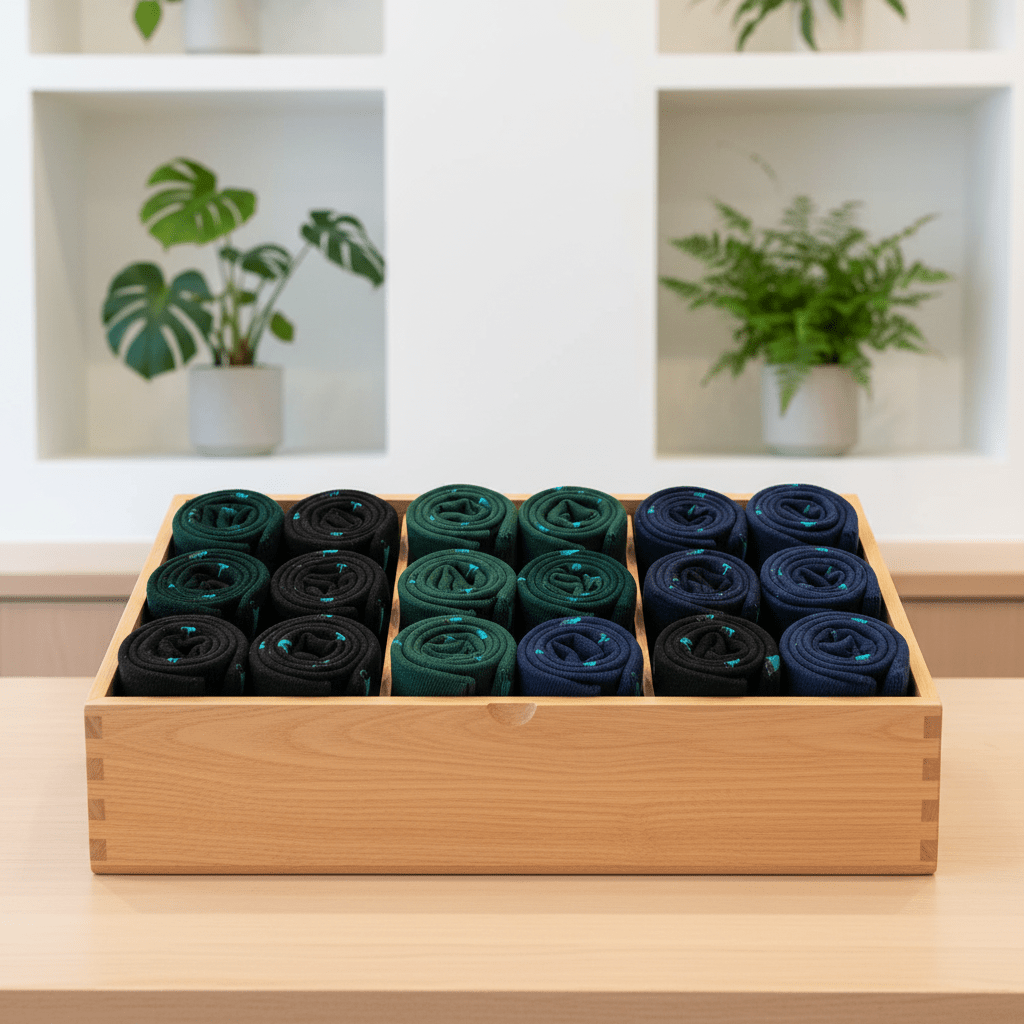 Wooden box with rolled-up socks in green, black, and blue on a light wooden surface with plants in the background.