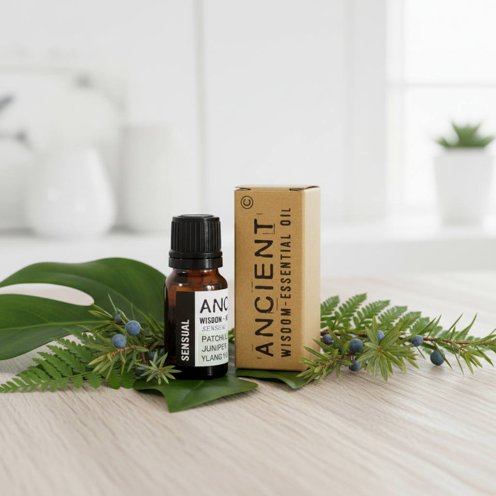 Ancient Wisdom essential oil bottle and box with green leaves on a light surface