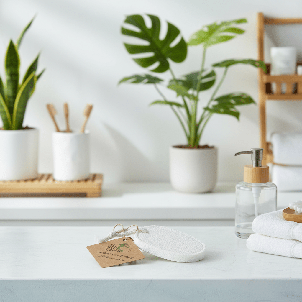 Bathroom counter with plants, towels, and a soap dispenser.