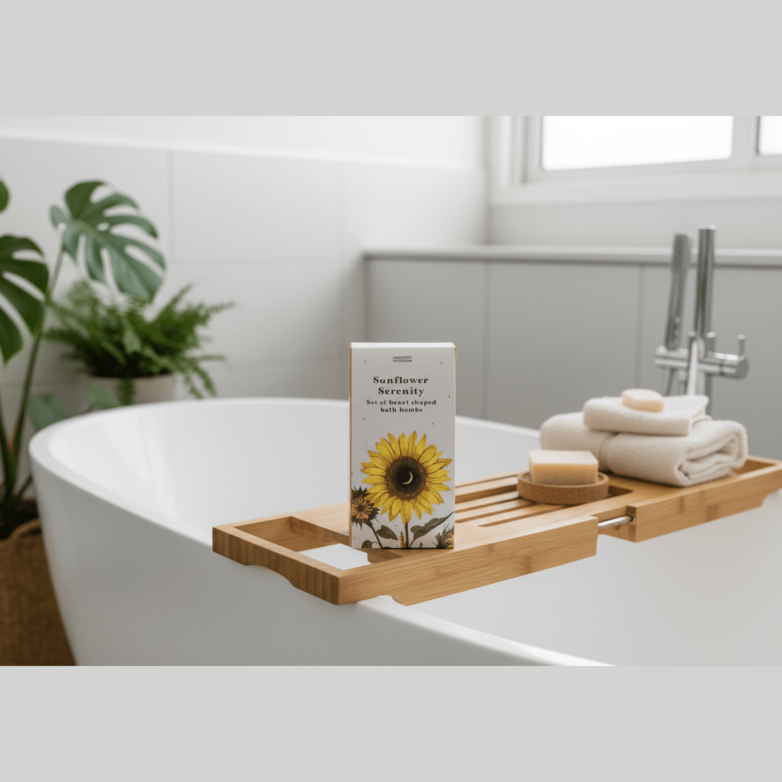 Bathroom setting with a wooden bath caddy on a bathtub, featuring a box of Sunflower Serenity Bath Bombs
