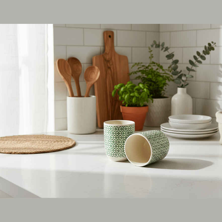 Kitchen counter with green patterned cups, wooden utensils, and plants on a white tiled wall background.