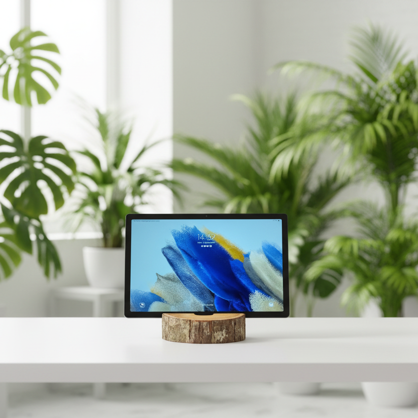 Tablet on a stand displaying a colorful screen in a room with plants