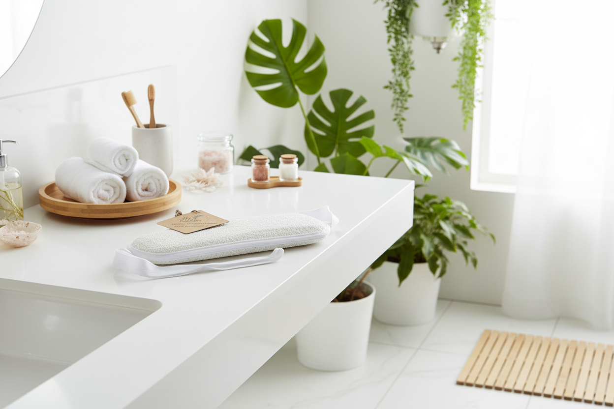 Bathroom counter with towels, plants, and a mirror