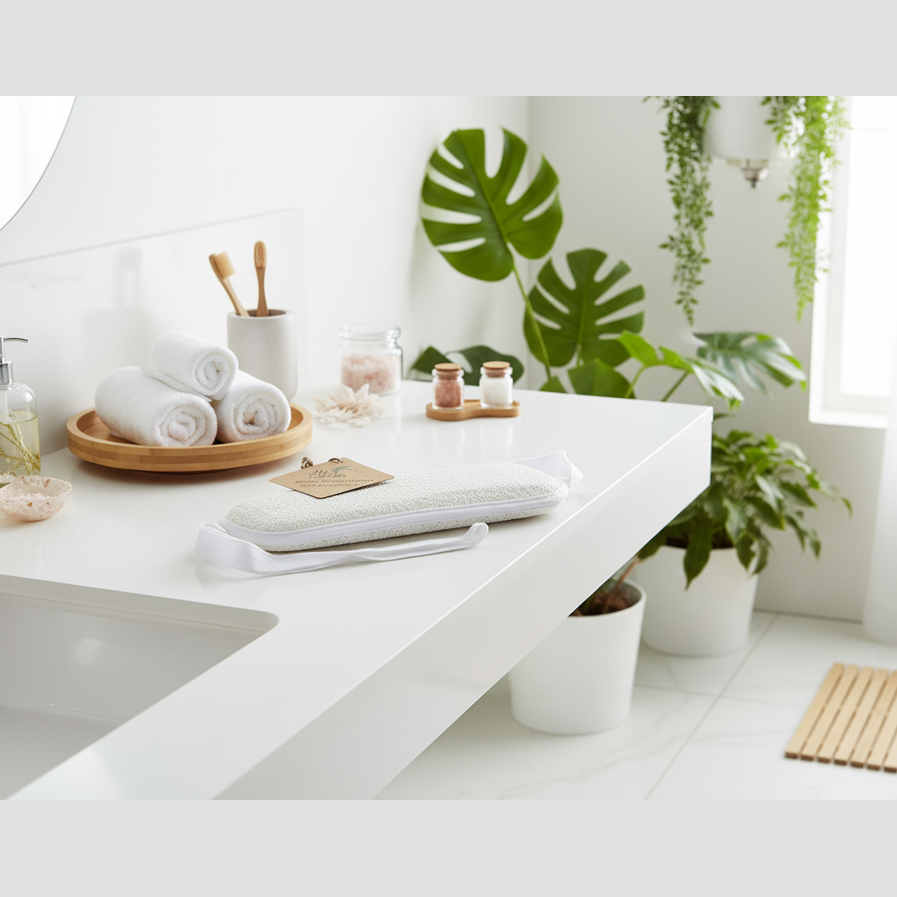 Bathroom counter with towels, plants, and a mirror