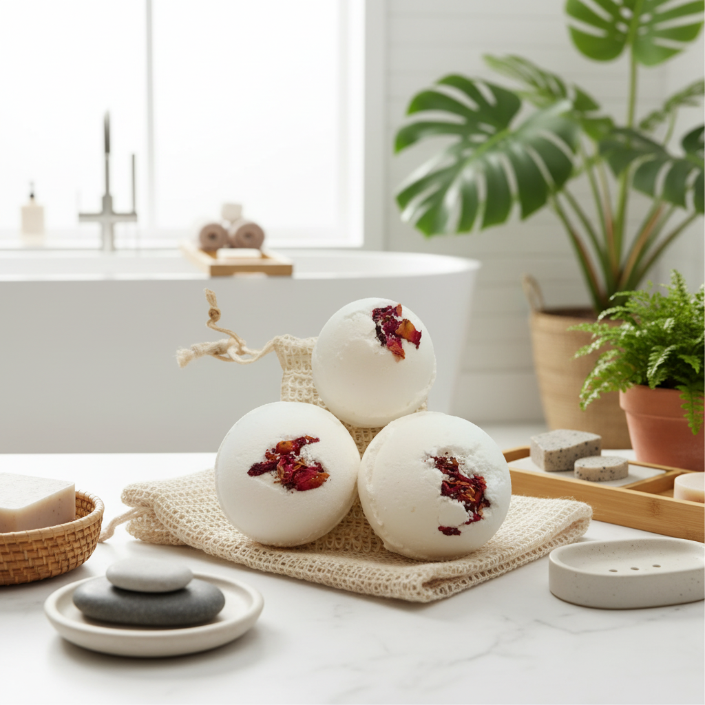 Bath bombs with red flowers on a woven mat in a bathroom setting with plants and a bathtub.