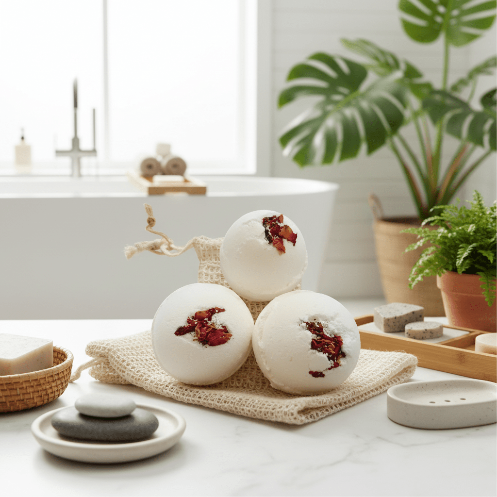 Bath bombs with red flowers on a woven mat in a bathroom setting with plants and a bathtub.