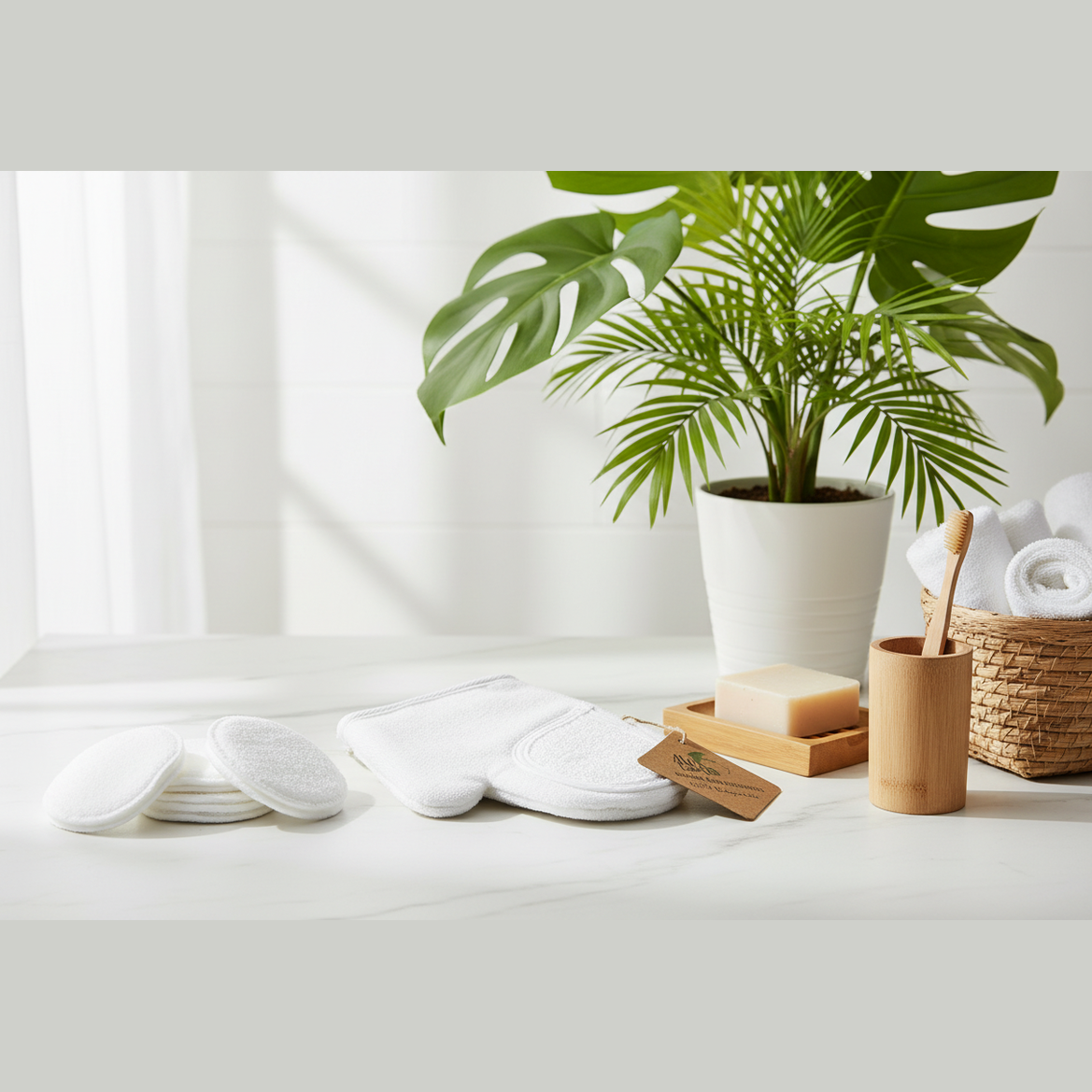 White cotton pads, a plant, and other items on a white surface with a light background