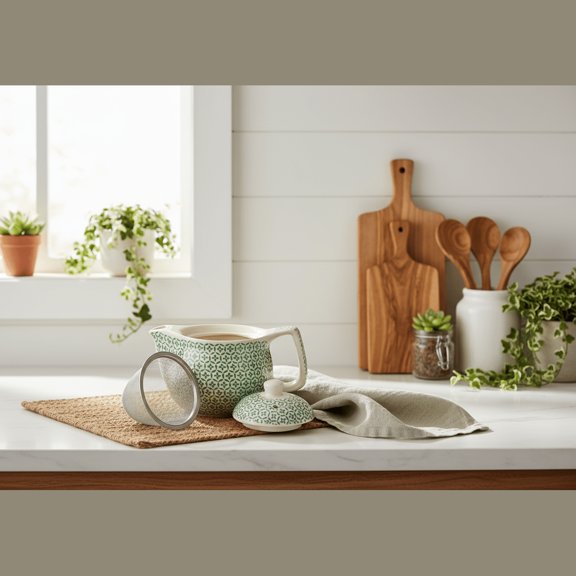 Kitchen counter with green and white ceramic teapot, wooden cutting boards, and utensils.