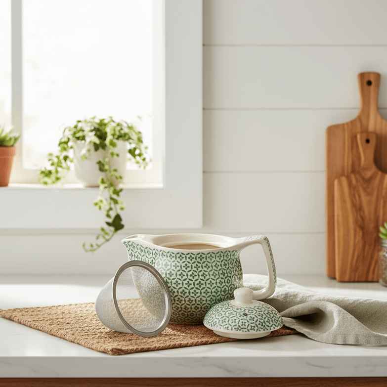 Kitchen counter with green and white ceramic teapot, wooden cutting boards, and utensils.