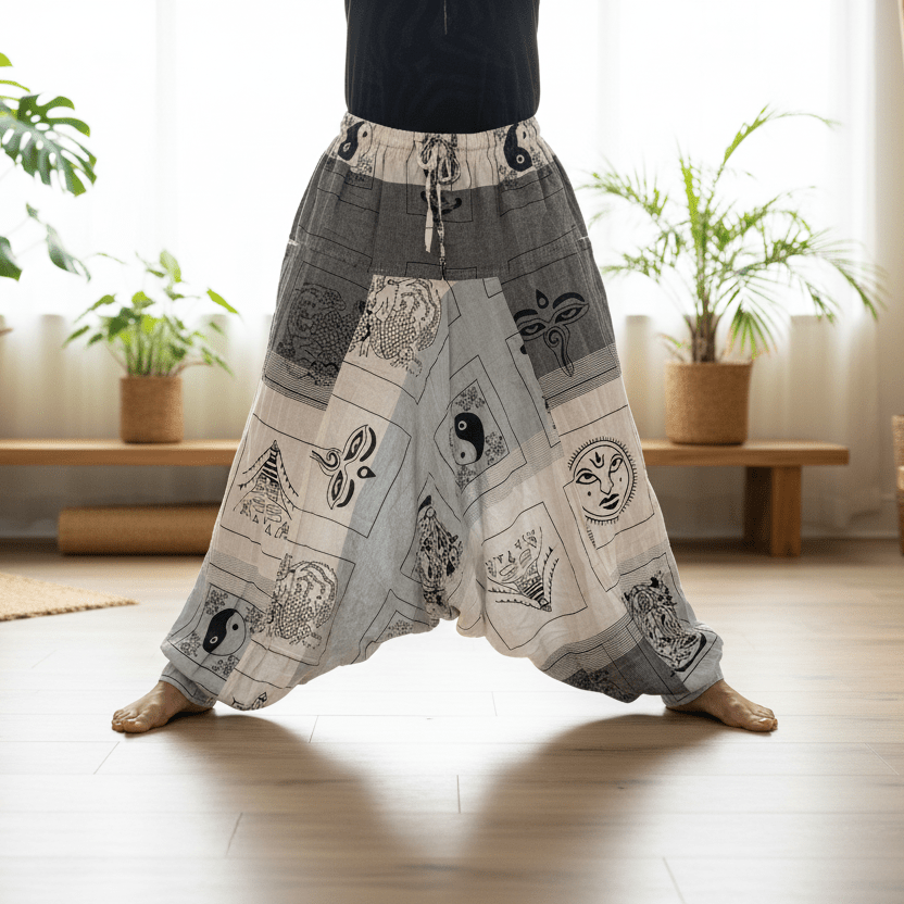 Person wearing a pair of wide-leg pants with a pattern in a room with plants.
