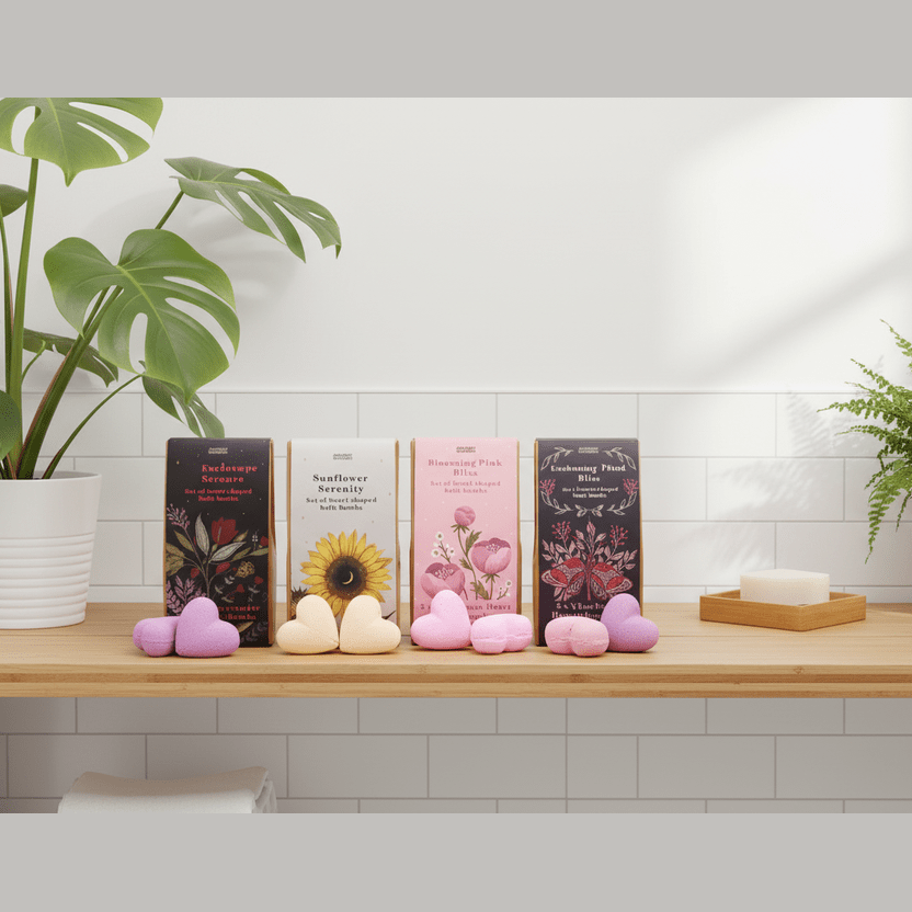 Bath bomb gift sets on a wooden shelf with plants and a tiled wall.