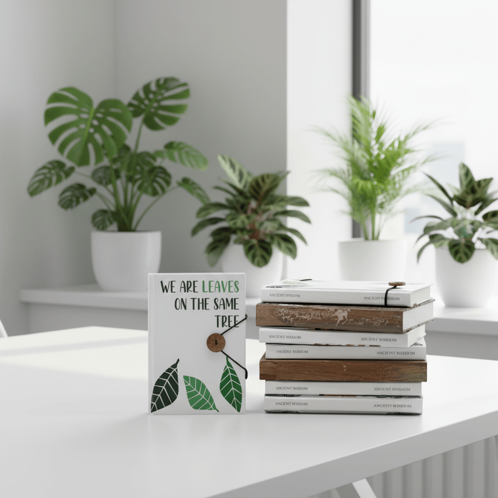 Stack of notebooks on a table with plants in the background