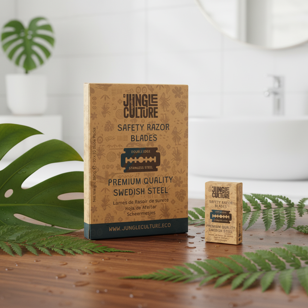 Jungle Culture safety razor blades in a kraft paper box, displayed on a wooden surface with green leaves in a bright bathroom setting.