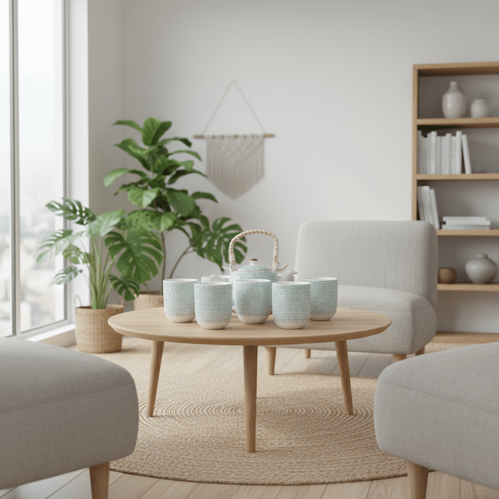 Modern living room with a round wooden coffee table, chairs, and decorative plants.