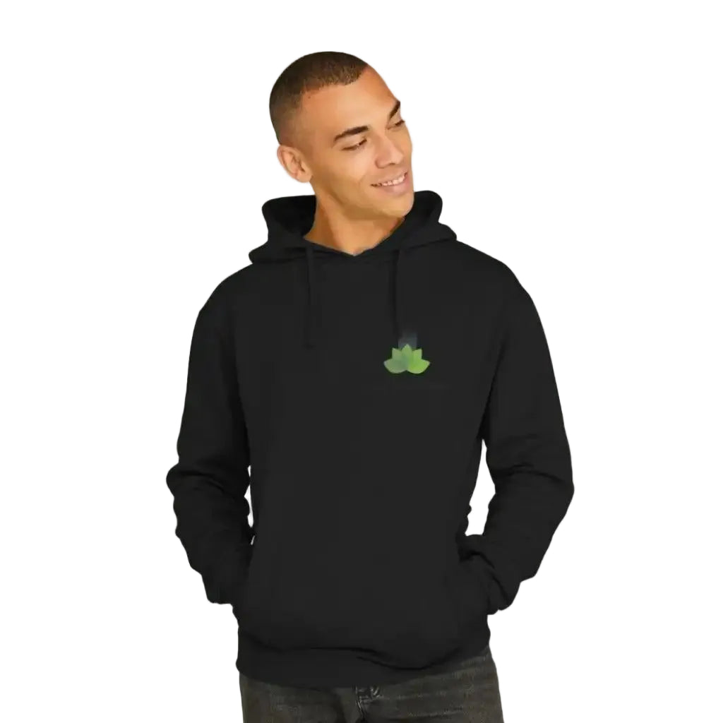 Person wearing a black hoodie with a green logo on a light grey background
