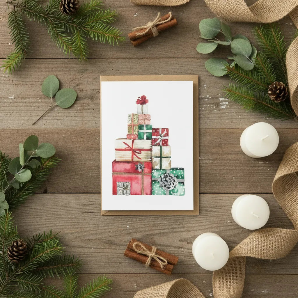 Katie Hipwell Design Handpainted Christmas Card Wrapped Presents Greeting Card Pack Arts & Entertainment > Party & Celebration > Gift Giving > Greeting & Note Cards >Christmas Cards > Blank Christmas cards > Handpainted Christmas Cards emmy-jane-boutique.myshopify.com