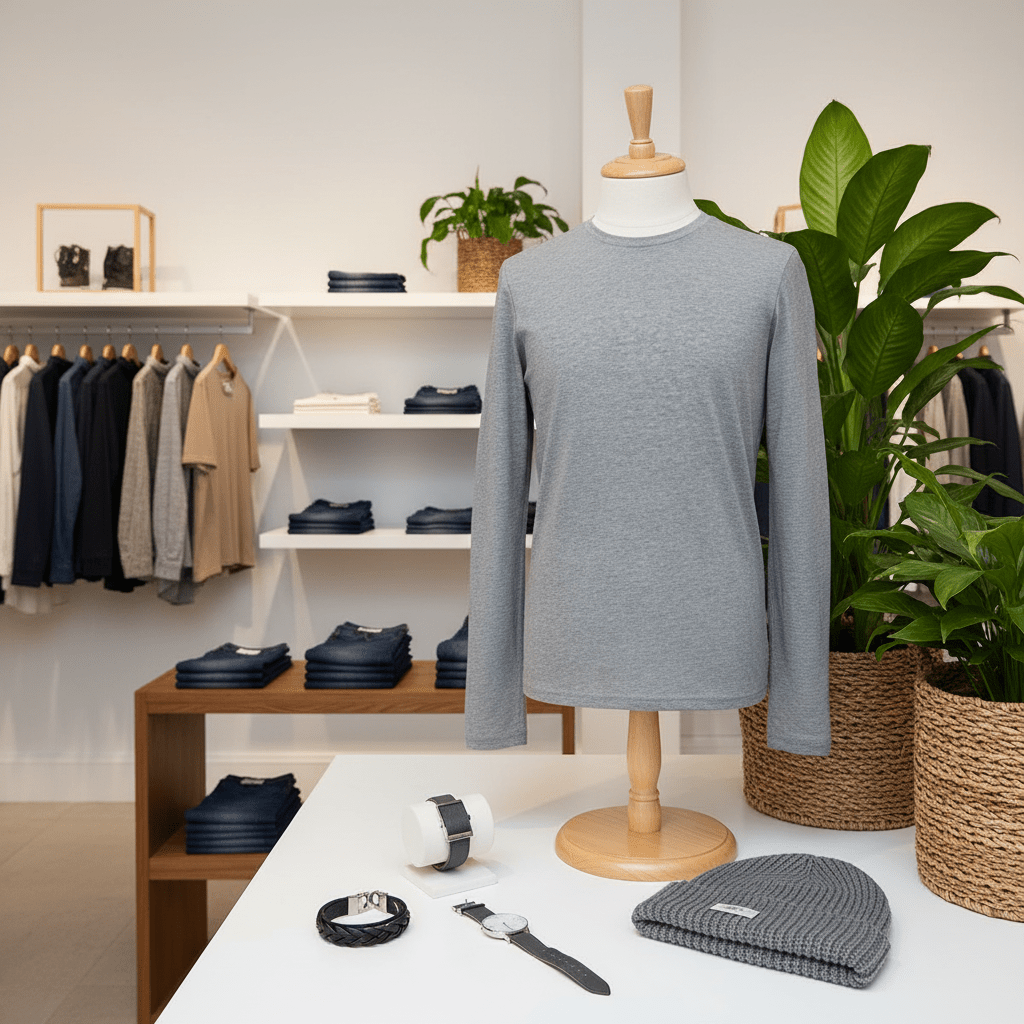 Mannequin wearing a grey t-shirt with clothing and accessories in the background