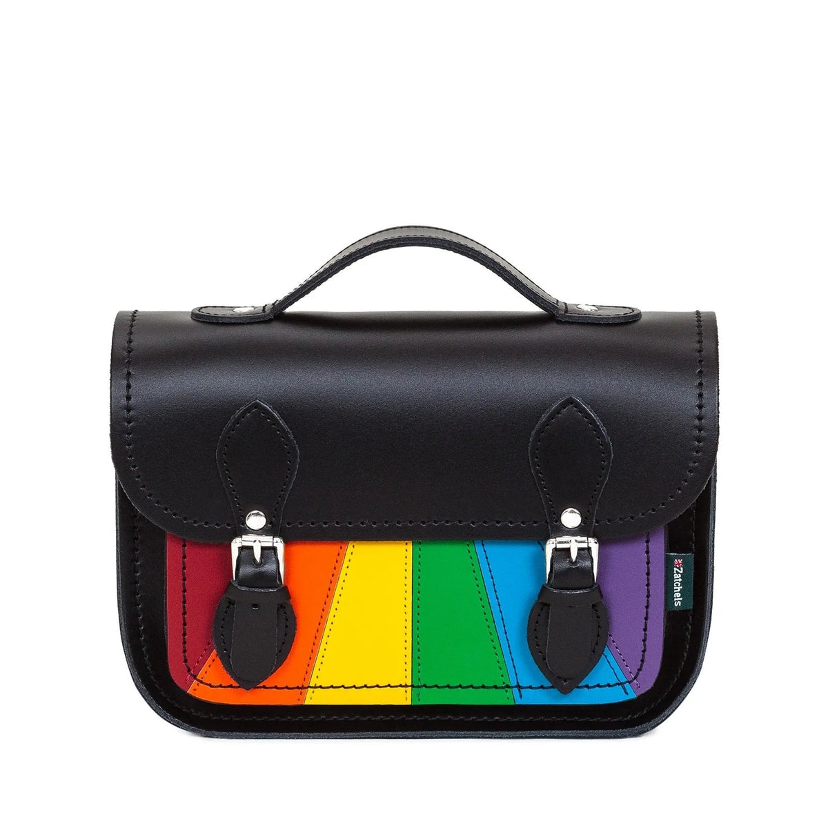 Front view of Zatchels Pride midi satchel with black leather flap and rainbow front pocket