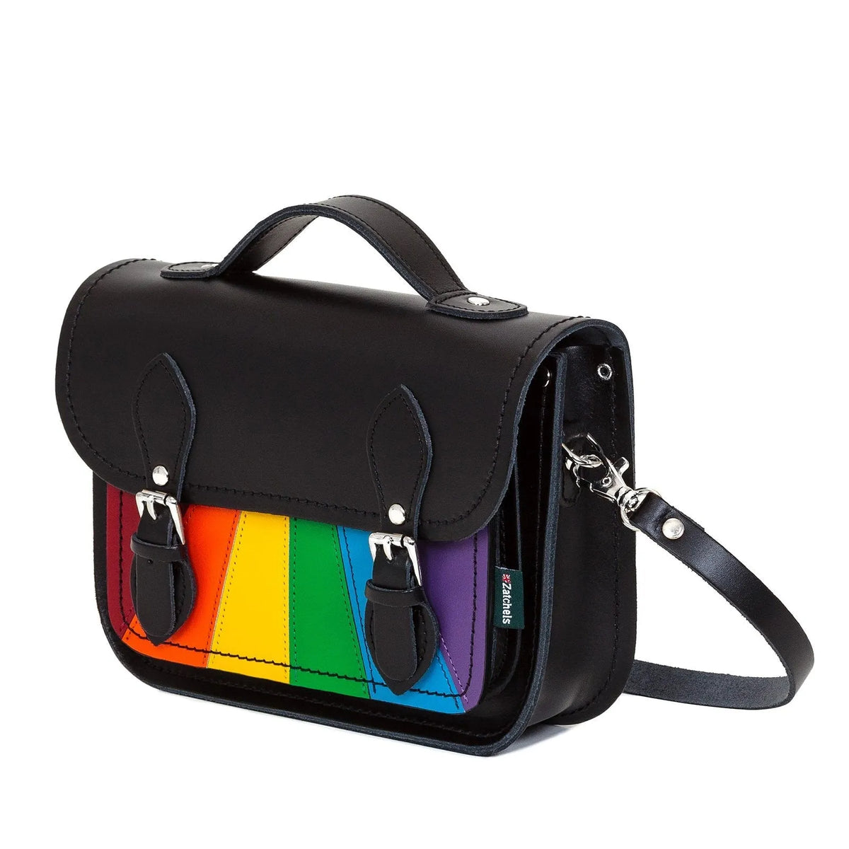 Angled view of Zatchels Pride rainbow leather midi satchel with detachable black shoulder strap
