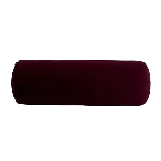 Maroon cylindrical pillow on a light gray background