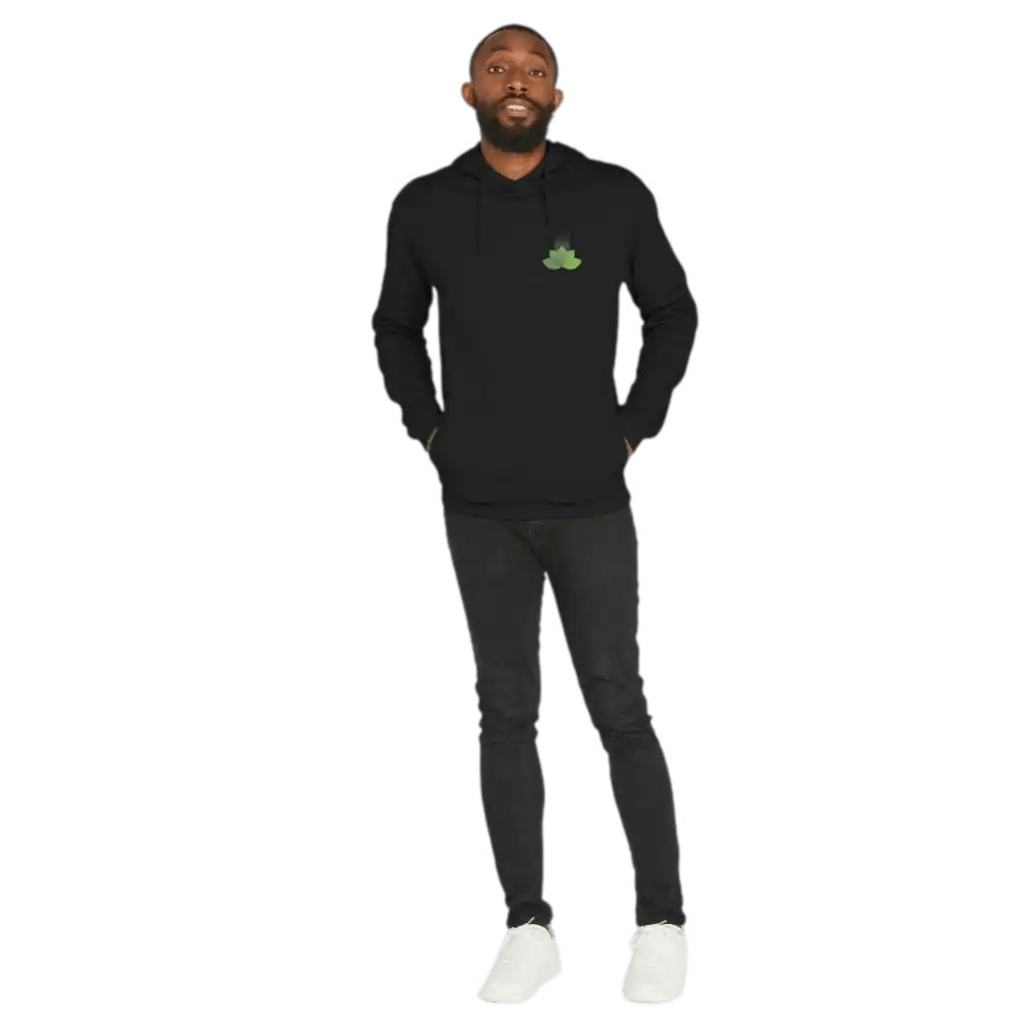 Person wearing a black hoodie with a green logo on a transparent background