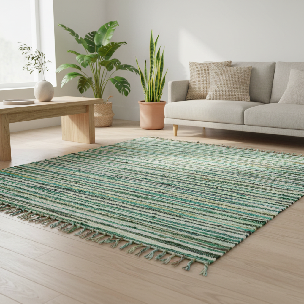 Green striped rug with tassels in a living room setting with a sofa and plants.