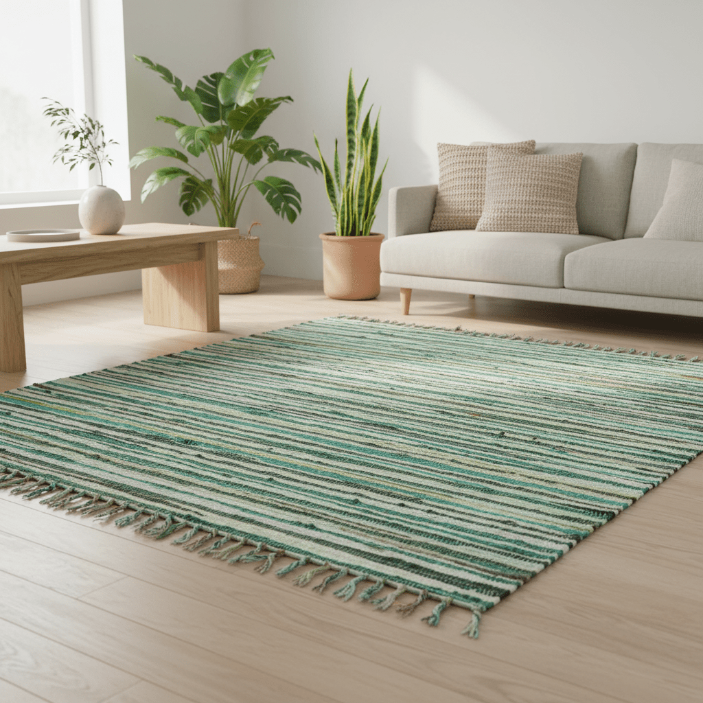 Green striped rug with tassels in a living room setting with a sofa and plants.