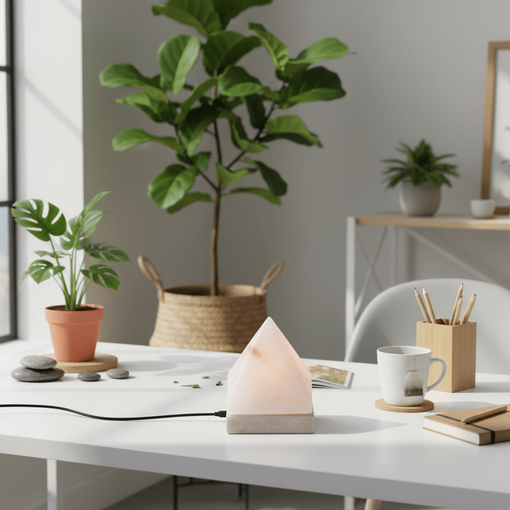 Modern office desk with plants, a lamp, and office supplies.