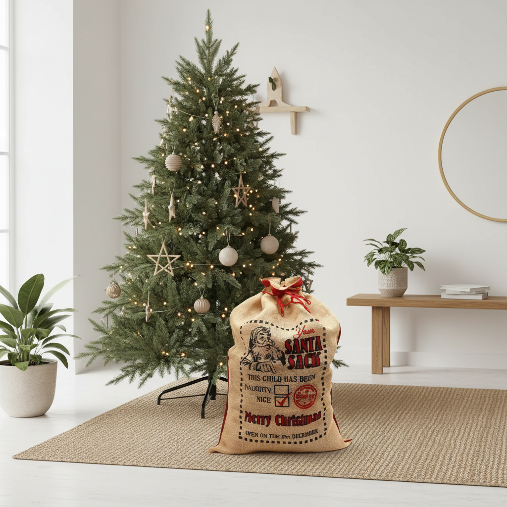 Decorative Santa sack in front of a Christmas tree in a room with plants and a wooden bench.