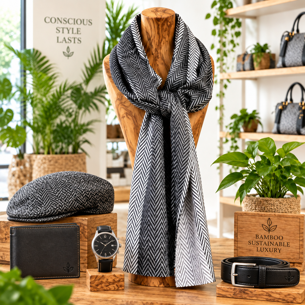 A black and white herringbone scarf is displayed on a wooden mannequin torso in a styled boutique setting. The mannequin is surrounded by other fashion accessories, including a black herringbone flat cap, a black leather wallet, a black watch, and a black leather belt, all arranged on wooden display blocks.