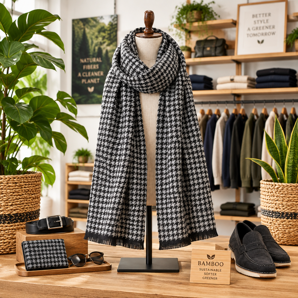 A black and white houndstooth scarf is displayed on a mannequin torso in a styled retail interior. The scarf is the clear focus, with matching accessories and clothing visible around it, including shoes, a wallet, sunglasses, and racks of garments.