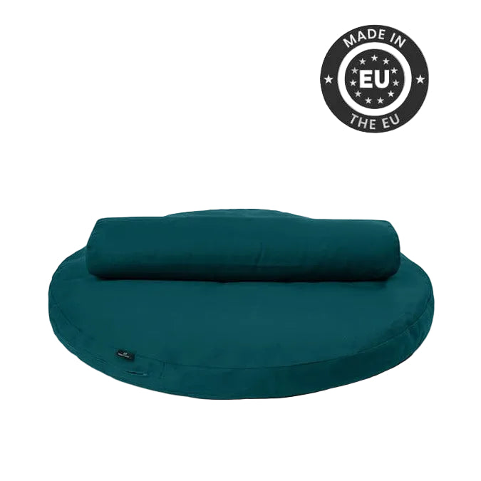 Teal yoga cushion set on a white background, featuring 'Made in the EU' certification.
