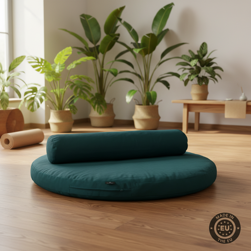 A dark teal yoga cushion set with a round yoga bolster and a matching rolled lumbar pillow, placed on a light wood floor in a bright room with potted plants and a small wooden table in the background.