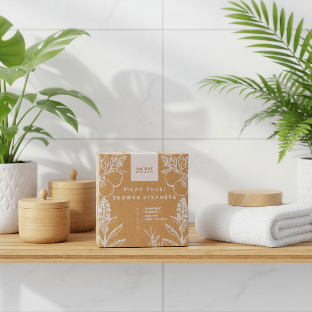 Box of Ancient Remedies shower steamers on a bathroom shelf with plants and towels.