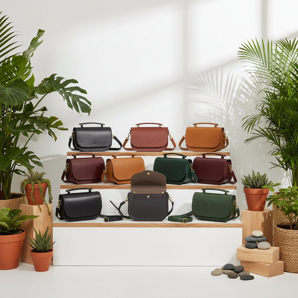Six leather shoulder and crossbody bags in assorted earthy colors are arranged on white display shelves between potted plants. The bags include black, tan, brown, burgundy, green, and dark gray, with some shown open to reveal interior pockets.