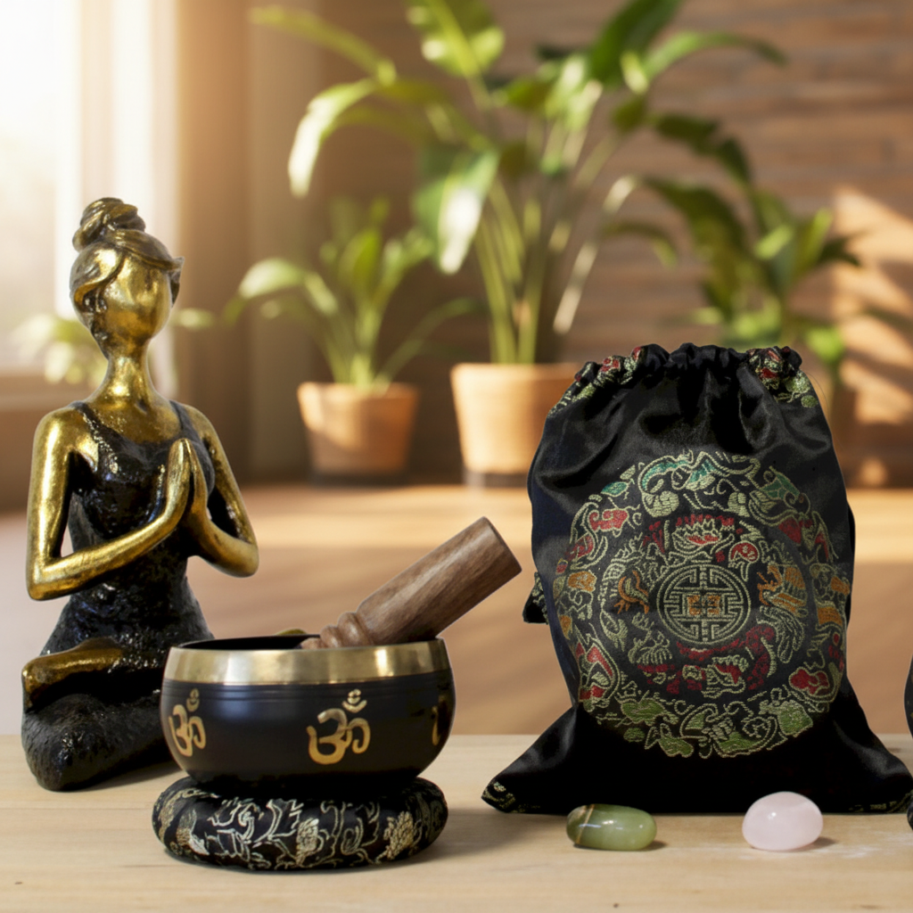 A decorative black and gold Tibetan singing bowl set with a wooden mallet, a gold seated figurine, a black embroidered drawstring pouch, and two small crystals on a wooden surface in a softly lit indoor setting.