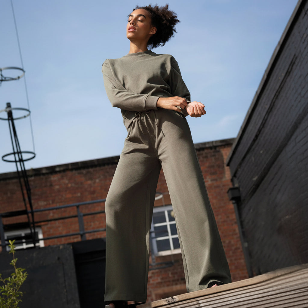 A person wearing a green outfit on a rooftop with a clear blue sky.
