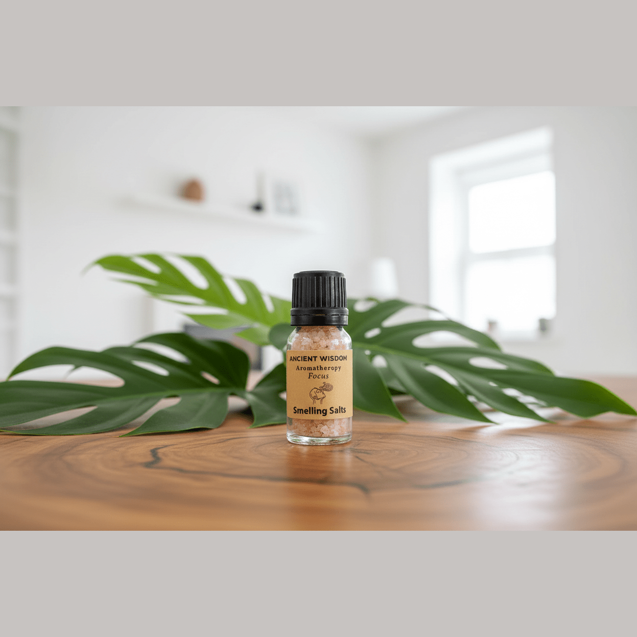 A bottle of aromatherapy smelling salts on a wooden surface with exotic green plants