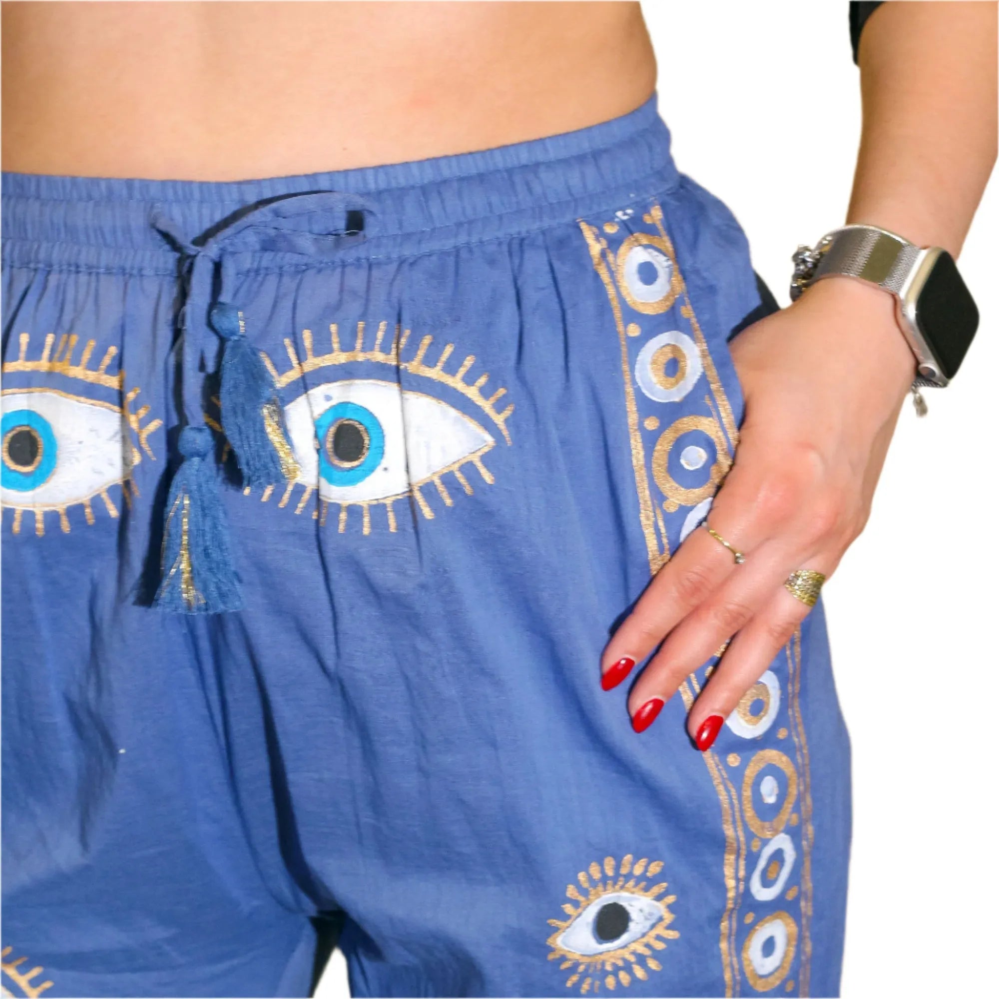 Ancient Wisdom Cotton Summer Trousers - Holiday Lounge Pants Clothing & Accessories > Clothing > Trousers & Jeans > Cotton Trousers > Holiday Trousers > Lounge Pants > Hand Painted Trousers > Indian Cotton Trousers emmy-jane-boutique.myshopify.com