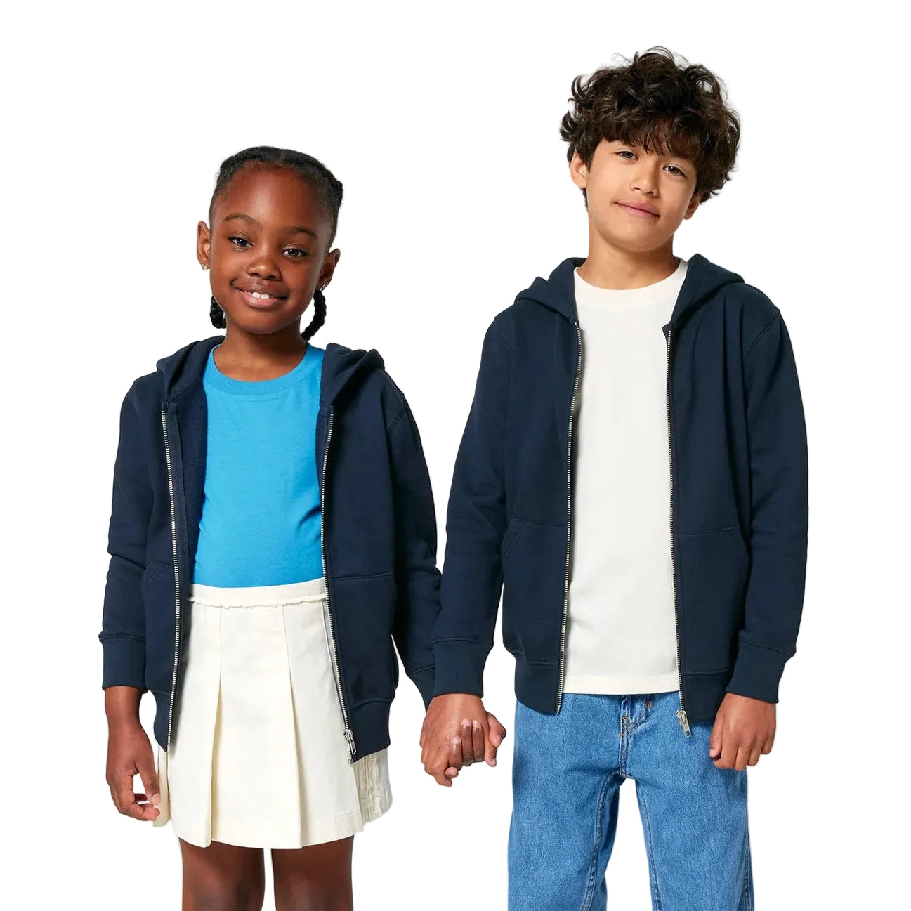 Two children wearing navy blue hoodies against a white background