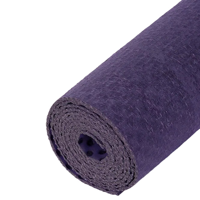 Purple yoga mat rolled up on a white background