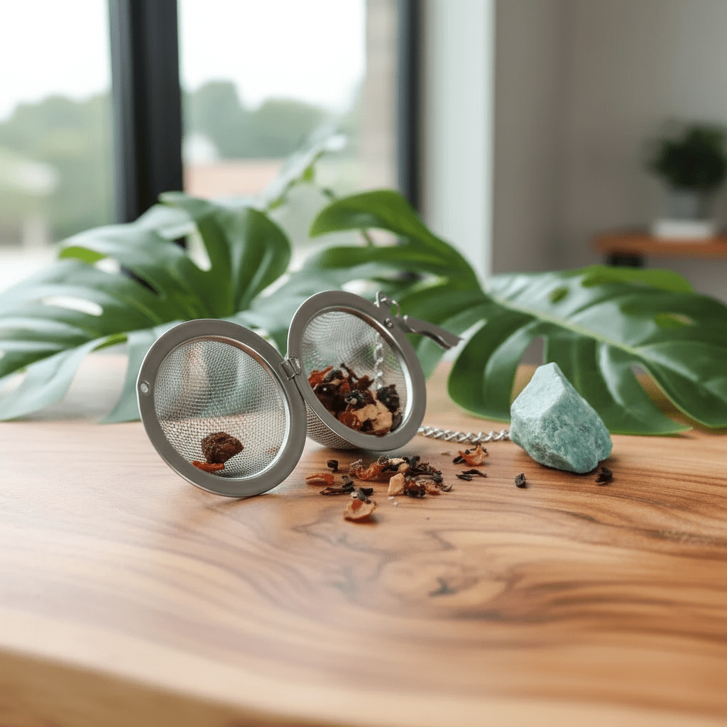A gemstone tea strainer on a wooden surface with exotic green plants