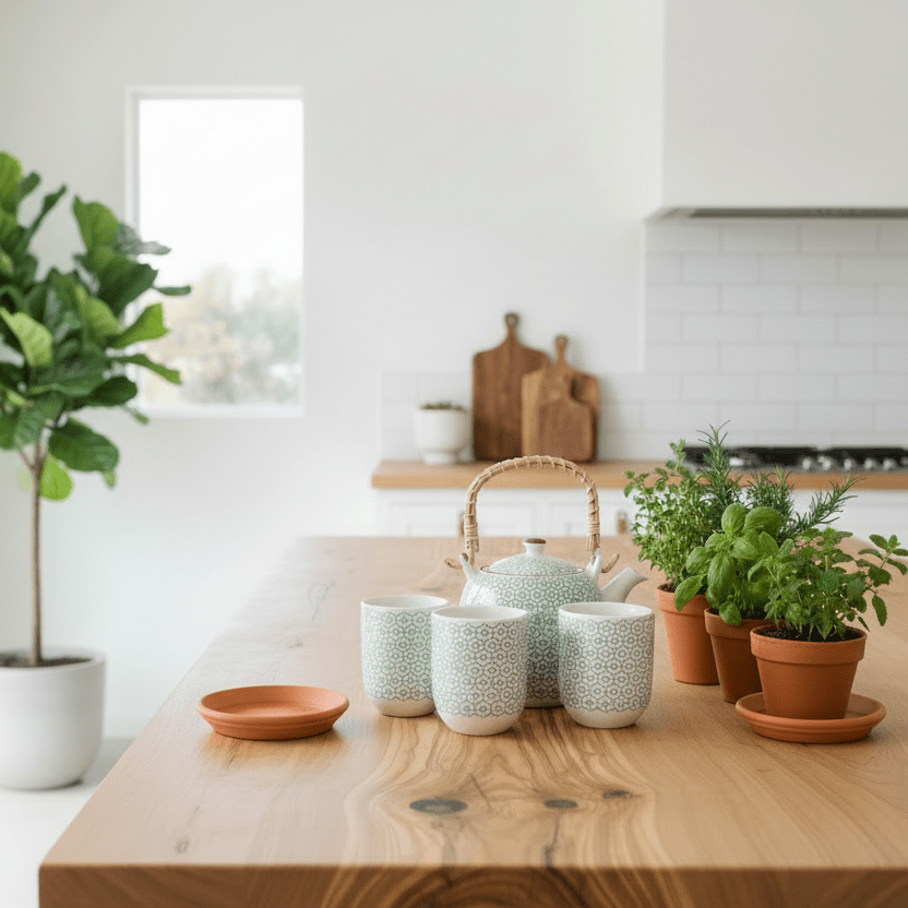 Kitchen with wooden table, potted plants, and kitchen utensils.