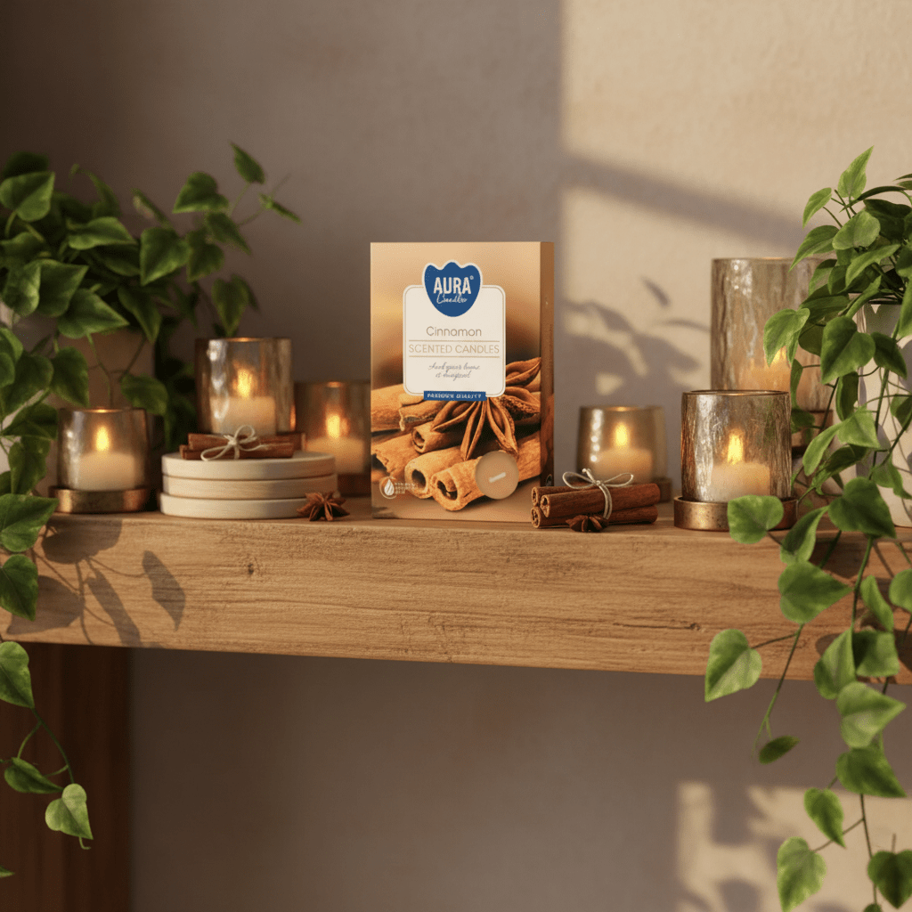 Candle holder with candles and a box labeled 'Aura' on a wooden shelf.