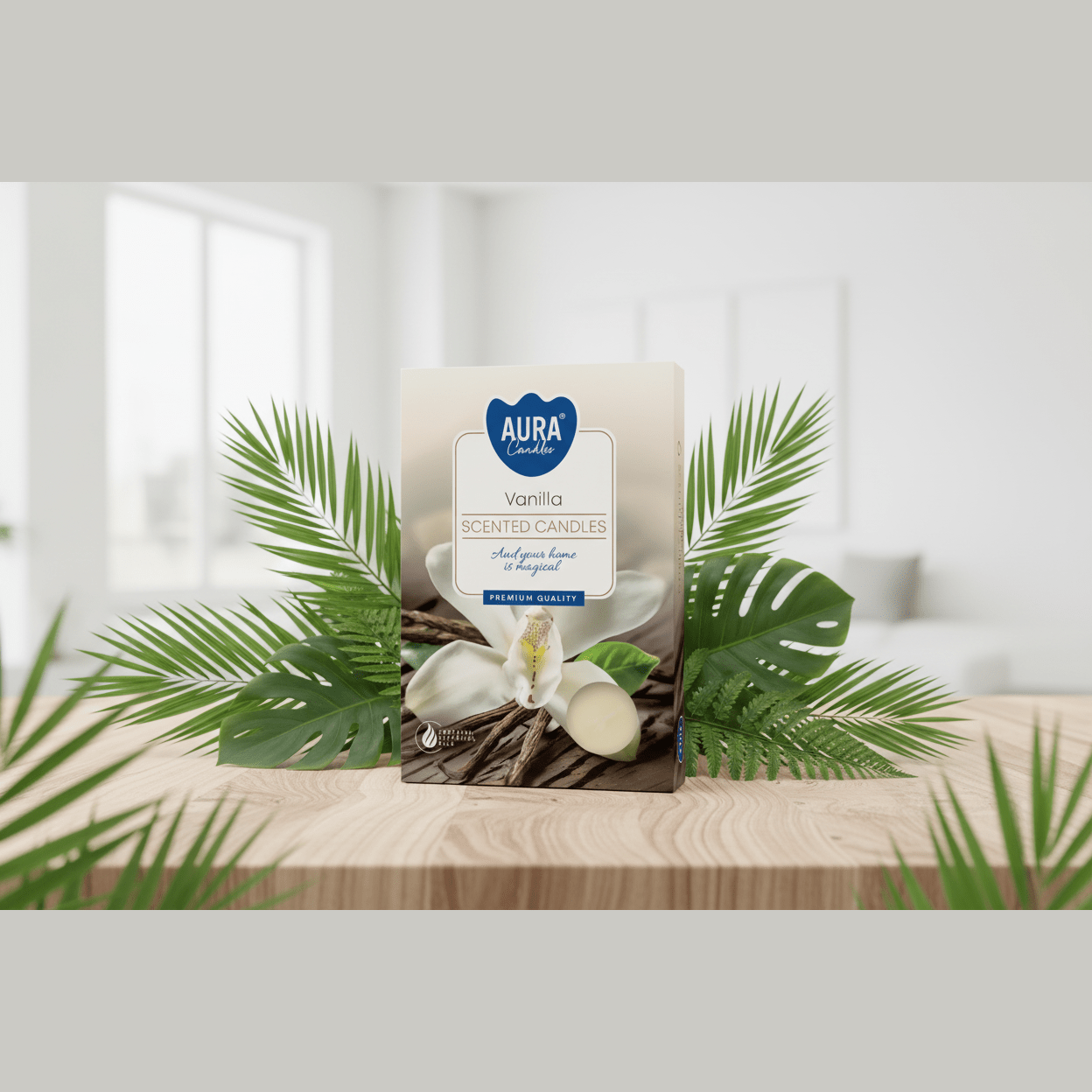Aura Vanilla scented candles packaging on a wooden surface with green leaves in the foreground