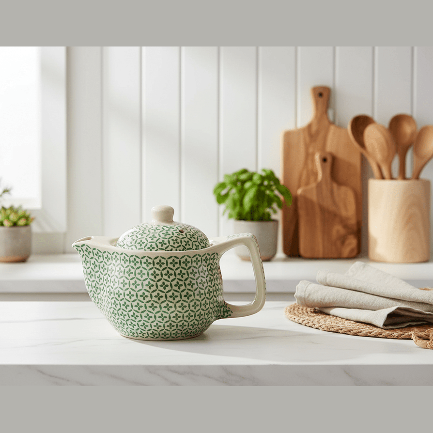 Green patterned teapot on a kitchen counter with wooden utensils and plants in the background.